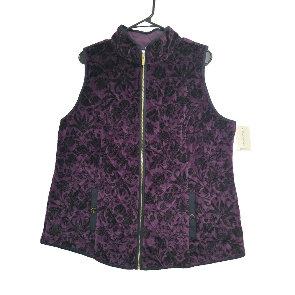 Charter Club Large Womens Velvet Vest Full Zip Floral Pockets NWT